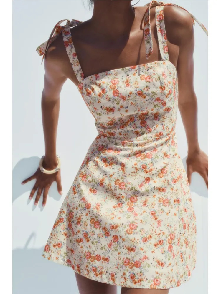 TRAF Women Floral Print Short Dress With Bow Sexy Backless Sleeveless Beach Style Womens Wave style Hem Female Dresses 250520