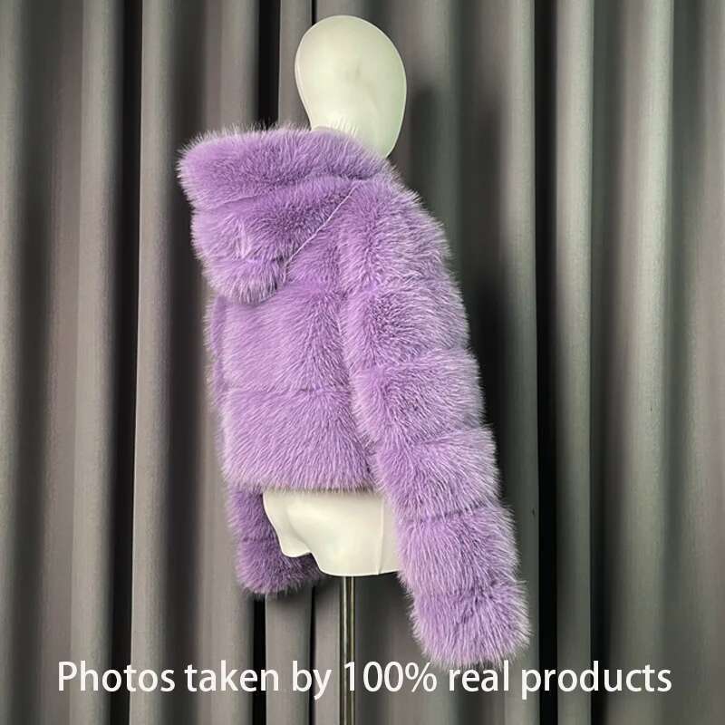 Winter Warm Ladies Fake Jacket Short Fashion Hooded Artificial Fox High Quality Women's Cropped Fur Coat Black Designer