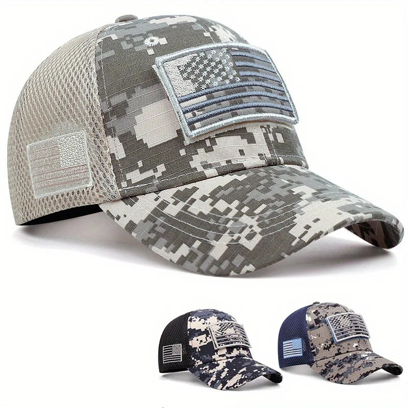 Stars and Stripes camouflage applied-embroidered baseball caps mens and womens outdoor sports event fishing net gauze caps 250519