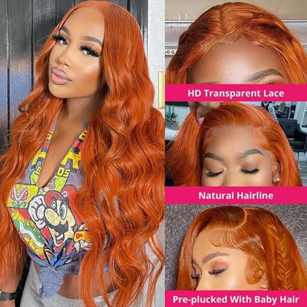 180 Density 350 Ginger Orange 24 inch Body Wave Front Human Hair Wigs 14x4 HD Lace Frontal Curly Wig For Woman