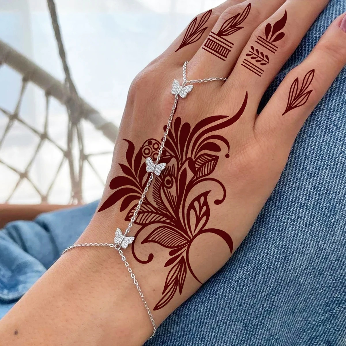 9pcs/pack Brown Henna Tattoo Stickers for Hand Maroon Henna Temporary Tattoos Flower Fake Tattoo for Women Festival Body Art 250515