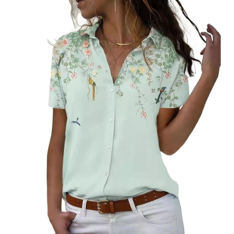 Summer Short Sleeve Women Shirt 2025 Printed Office Fashion Lapel Casual Simple Blouse Elegant Loose Blusas Mujer Tops 250514