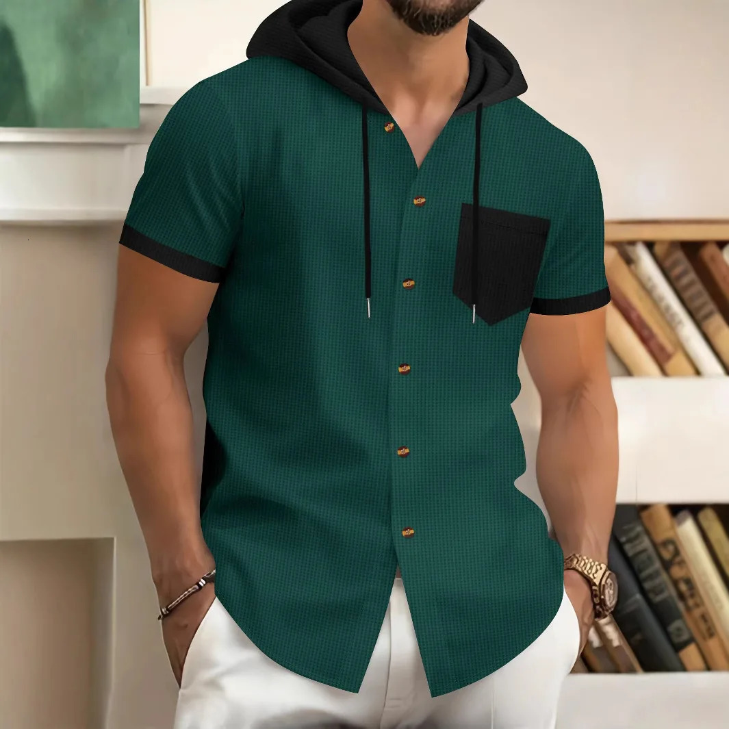 Mens Summer Waffle Hooded Cardigan ShortSleeved Jacket TwoTone Pocket BuckleButtoned Casual Knitwear 250520