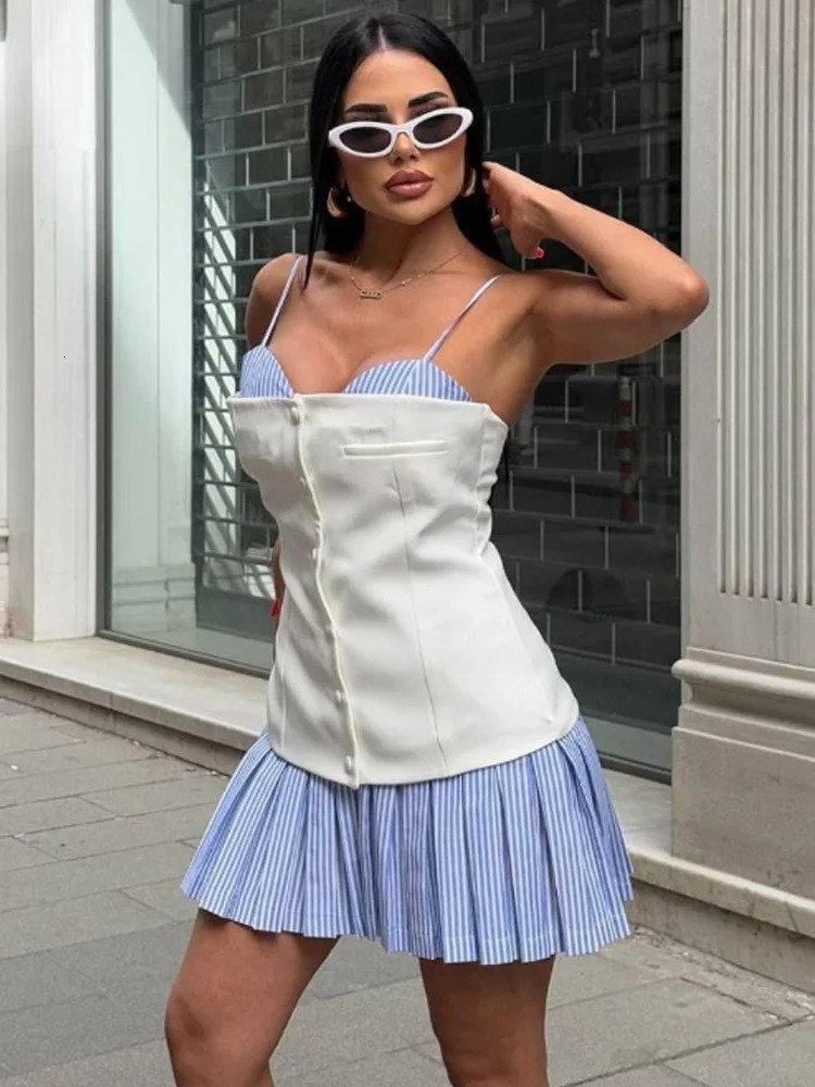 TRAF Womens Pleated Slip Dress Summer Woman Elegant Mini Sleeveless Backless Vestidos Poplin Button Up Korean Style 250520
