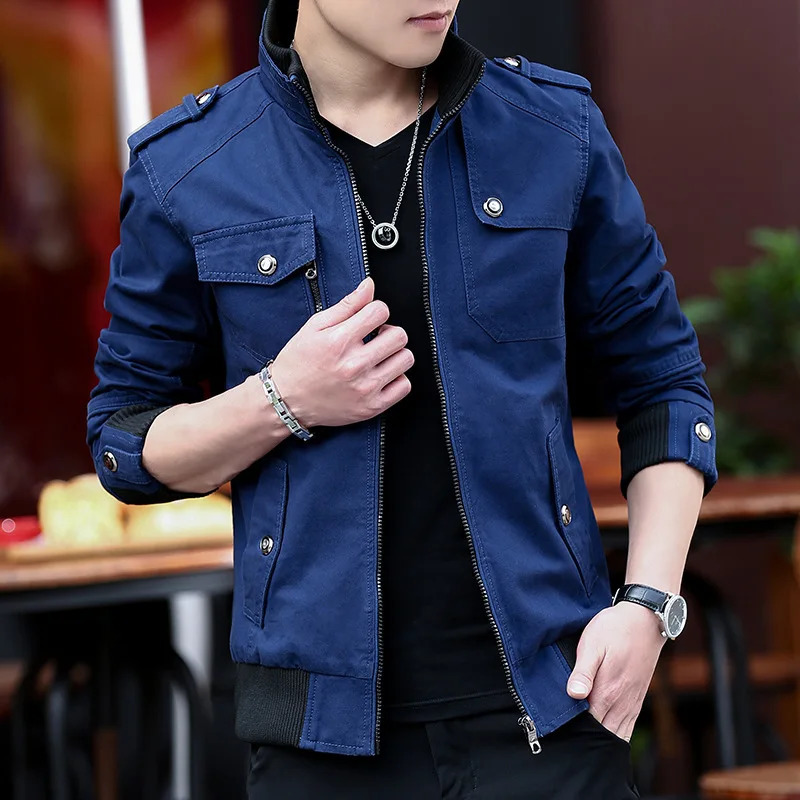 Korean Fashion Stand-up Collar Denim Cargo Coat Spring Autumn Mens Jacket Mens Zipper Pocket Stitching Slim Jacket 250519