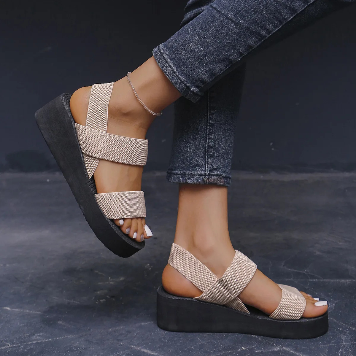 1pair Womens Minimalist Wedge Sandals Open Toe Thick Soled Platform Casual Sandals Ankle Strap Slingback Sandalias Solid Color 250516