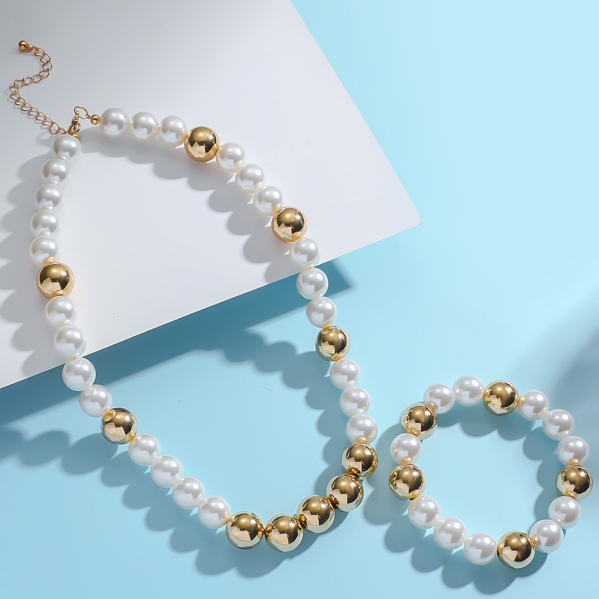 New fashion handmade bead imitation pearl necklace, men's and women's personalized high-end collarbone chain set, bracelet accessories