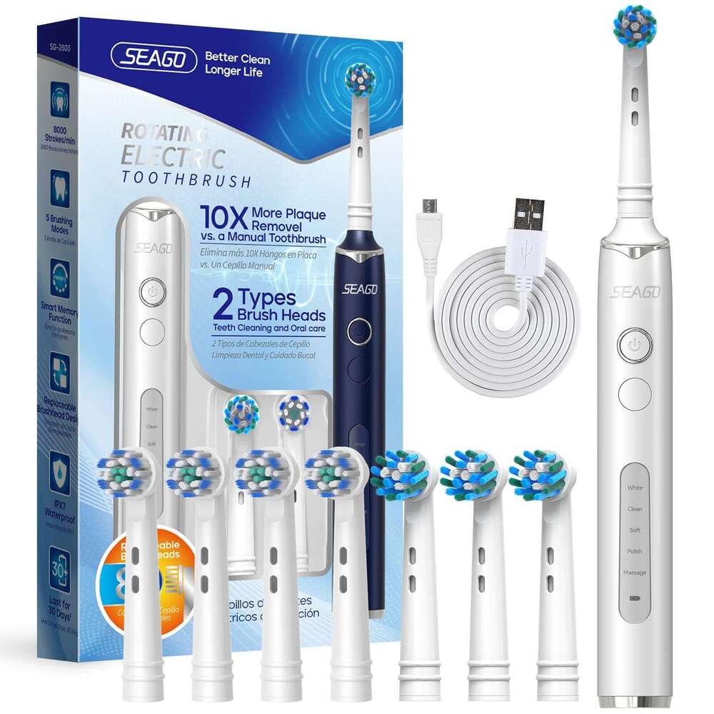 Seago Rotating Electric Rechargeable Teeth Cleaning with 8 Brush Toothbrush Heads 5 Modes Portable Smart Timer