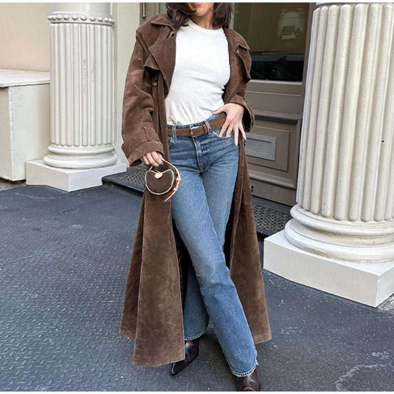 Tie up waist long coat, European American fashionable women's autumn and winter temperament elegant double breasted New Year's casual versat