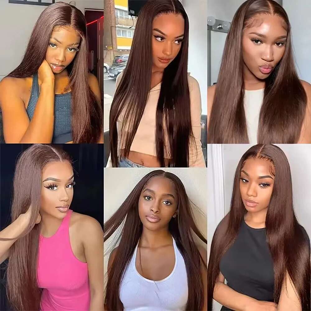 Chocolate Brown Straight Human Hair 13x6 HD Lace Frontal Wig Pre Plucked #4 Colored 46 Inches Wigs For Women