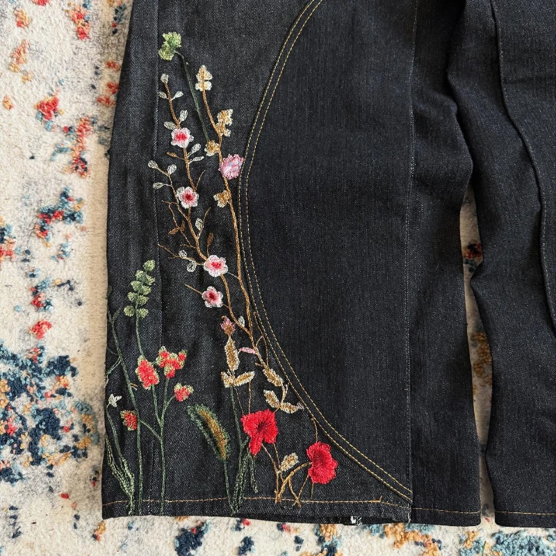Y2K Floral Baggy Denim Pants Patchwork Blossom Embroidery Streamlined Seams Streetwear Hip Hop Retro Goth Unisex Oversized Jeans 250517