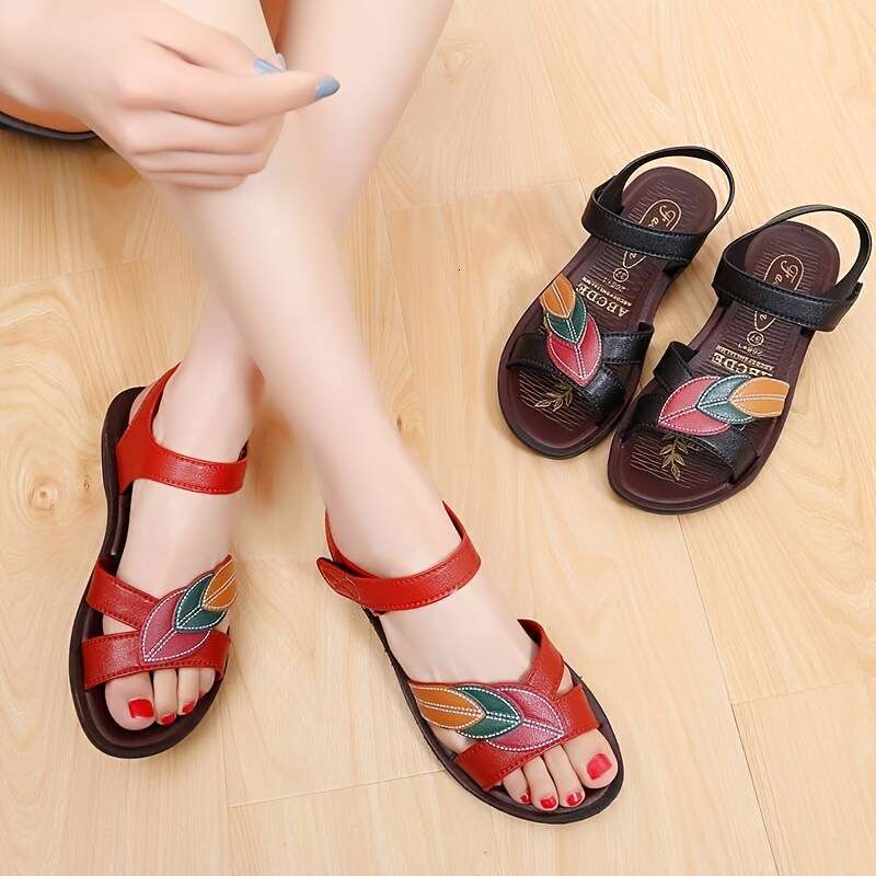 Stylish Floral Open-Toe Flats: Women's Comfy Summer Sandals with Secure Ankle Strap and Easy Hook-and-Loop Closure