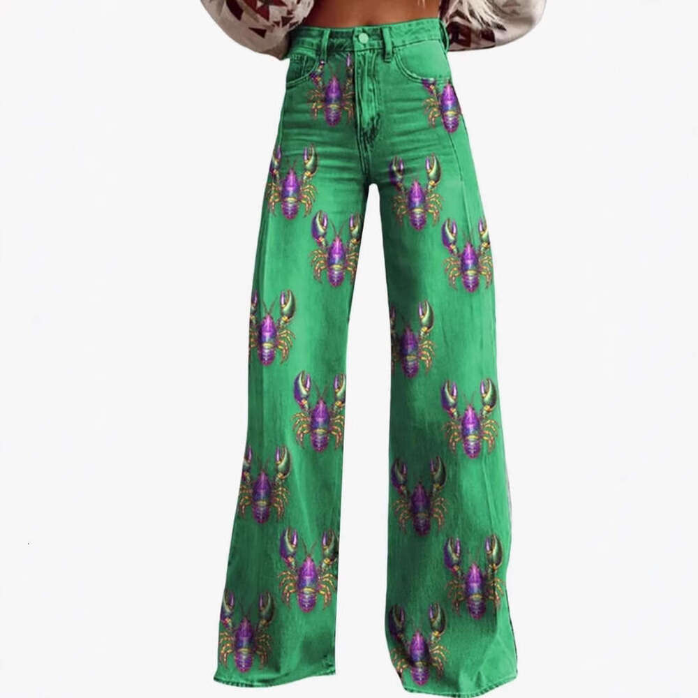 Stylish High-Waisted Printed Wide-Leg Stretch Jeans for Women's Casual Wear