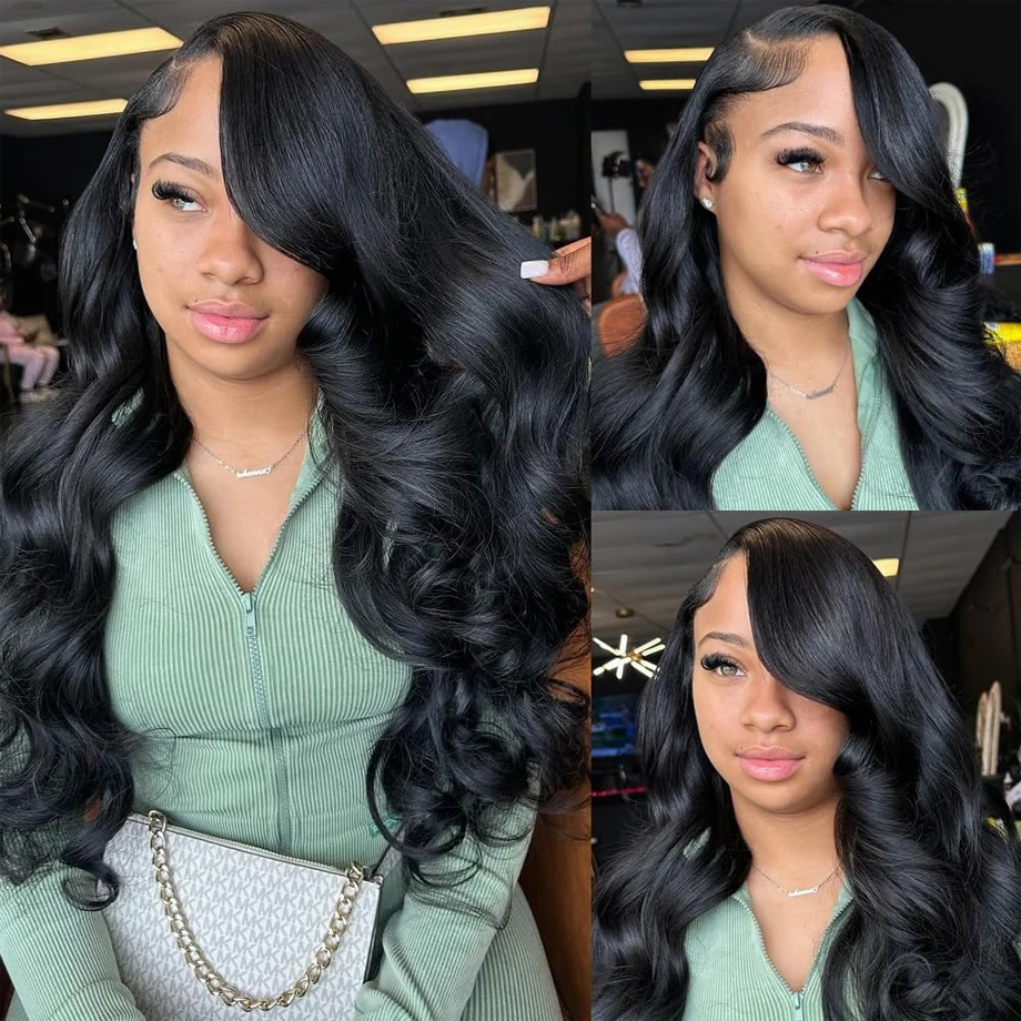 Black Colored Lace Front Wig Brazilian Look Like Human Hair Pre Plucked for Women Transparent Lace 250 Density Heat Resistant Synthetic Easy to Wear L