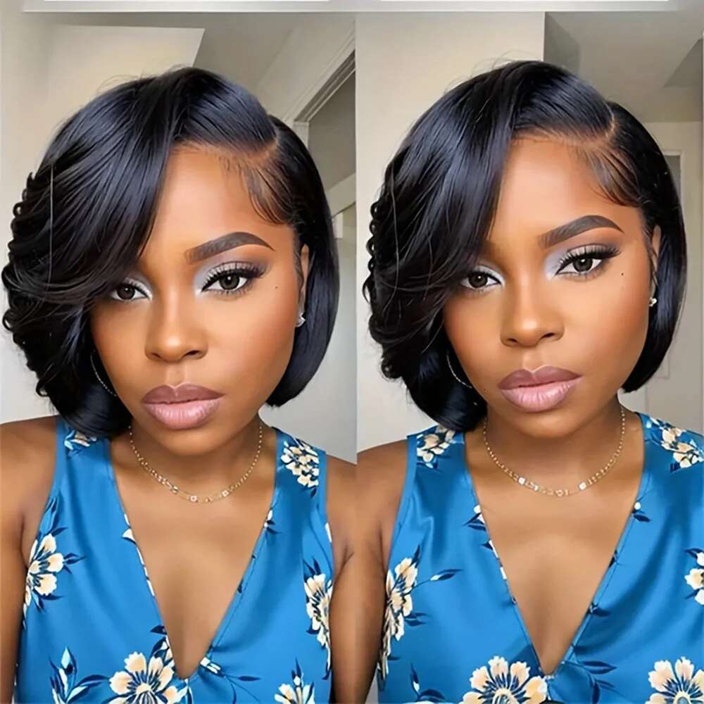 13x4 frontal lace daily party use remy 150% density 8inch 99 brown black color short straight pixie cut human hair wig
