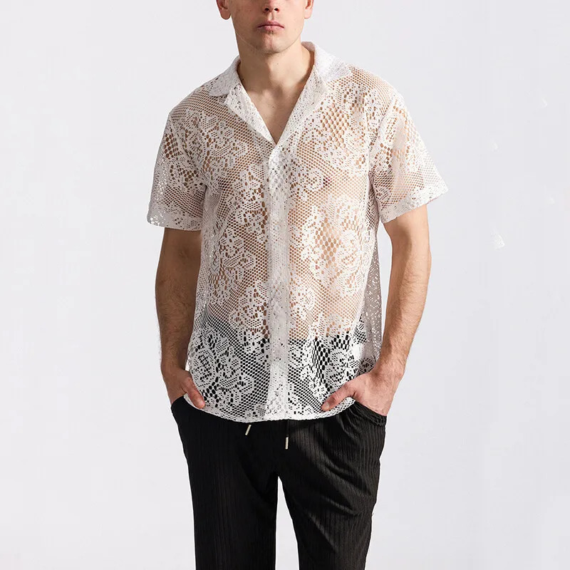 Summer Mens Mesh Lace Knit Short Sleeve Shirt Streetwear HollowOut Dance Perspective Shirts Nightclub Disco Performance Tops 250520