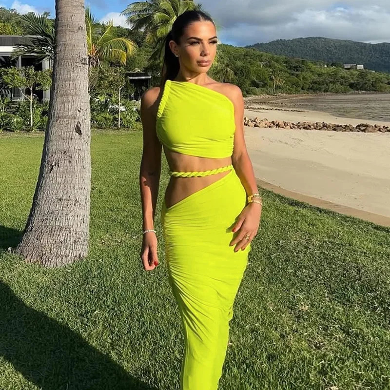 VEITCHE Sexy Two Piece Skirt Sets Women Oblique Shoulder Crop Tops And Maxi Female High elasticity Ruched 250520