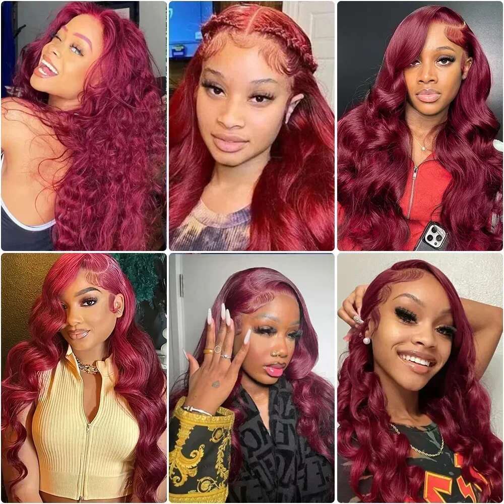 99J Bury 13x6 Body Wave Front HD Transparent Lace Frontal Wig Human Hair Pre Plucked 99j Red Color