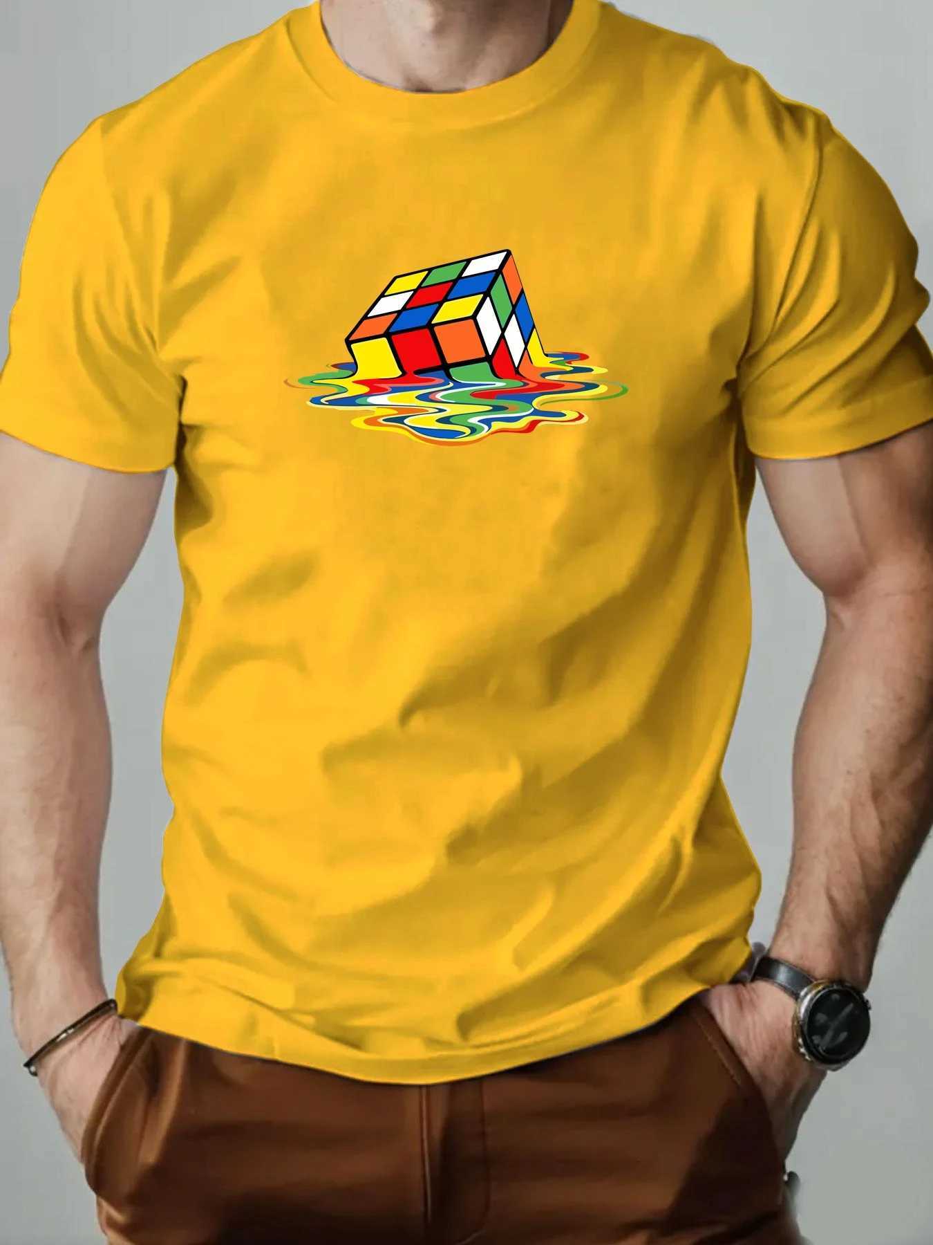 Men t-shirt 100% Cotton Melting Rubiks Cube Print Round Neck Breathable Streetwear Tee Casual Fashion High quality Clothing W250520
