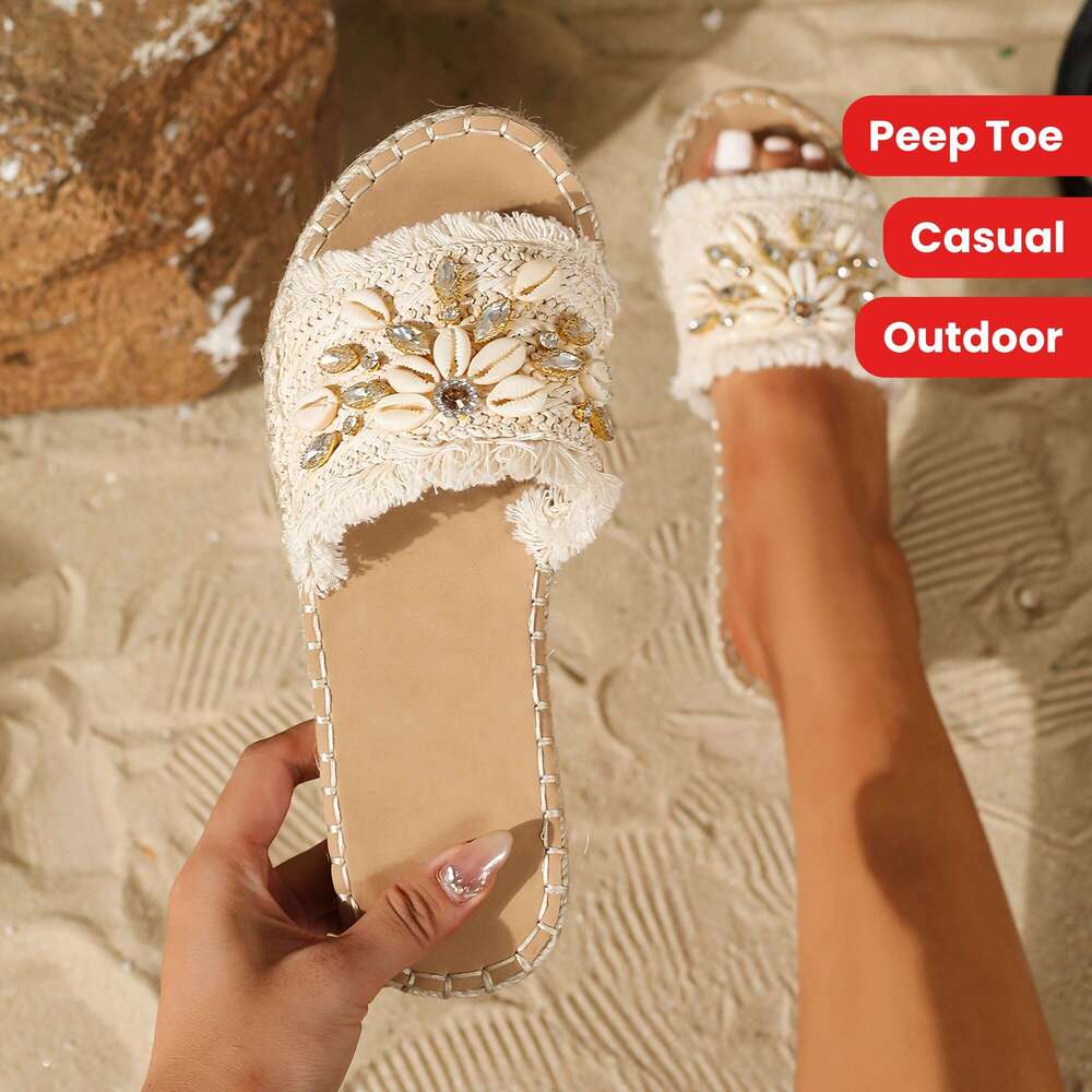 Stylish Rhinestone Shell Decor Peep Toe Espadrille Slides Women Shoes - Comfortable Casual Outdoor Beach Travel Vacation Sandals with Breathable Insol