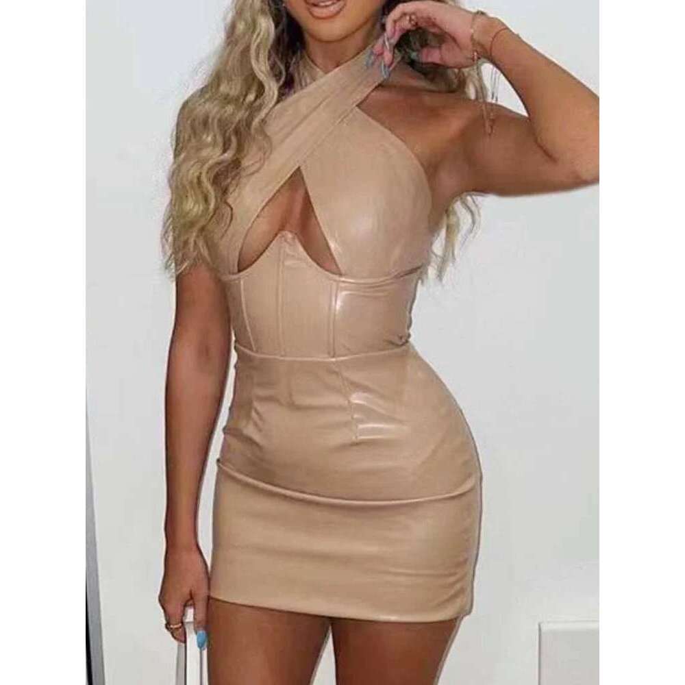 Sexy Off Shoulder Wrap Chest Hollow Out Imitation Leather Bodycon Women Sleeveless Skinny Evening Dress Club Party