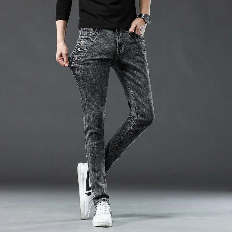 Classic Slim Vintage Men's Designer Jeans Snowflake Grey Wash Korean Fashion Stretch Pants Multi-button Denim Trousers