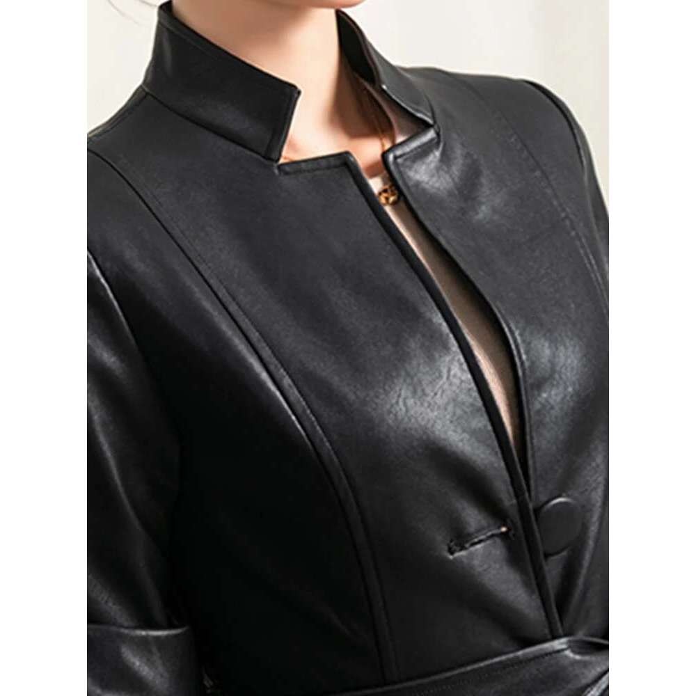 Lautaro Spring Autumn Black Soft Waterproof Faux Leather Coat Women Belt Long Sleeve Single Breasted Fashion 2022 Designer