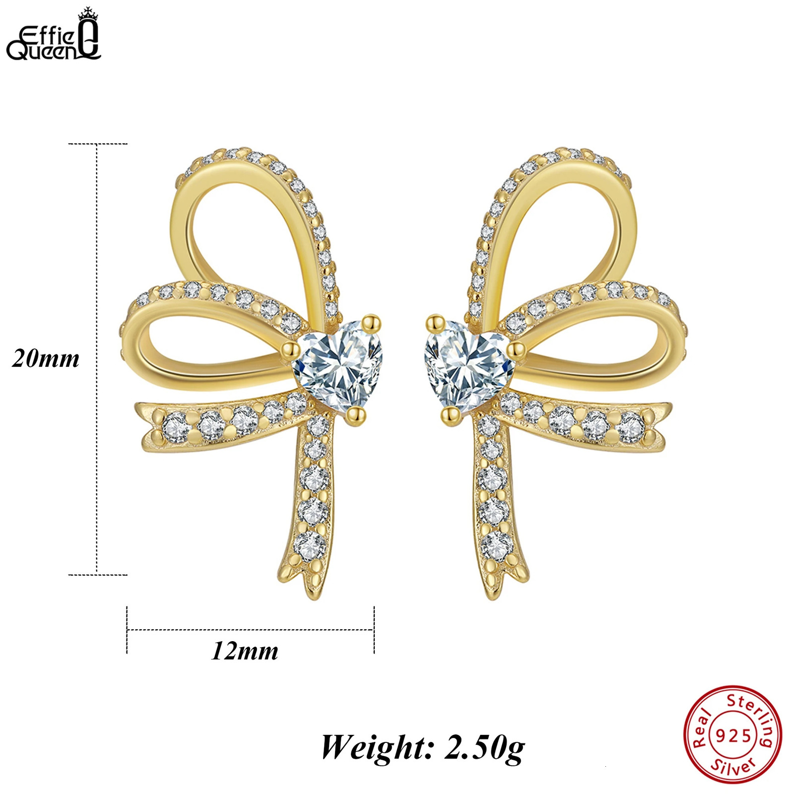 Effie Queen 925 Sterling Silver White Heart Zirconia Stud Earrings Bow Ear Accessory Romantic Gift for Her Wearing SE407 250517