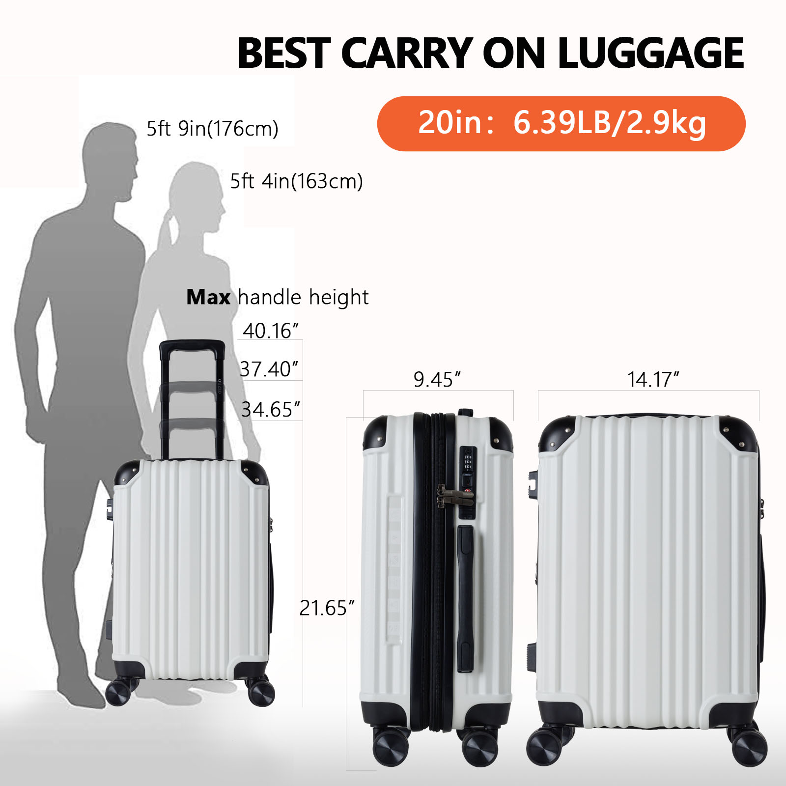 20" White Expandable Carry-On Luggage Set with USB Port - Business & Travel Suitcase suit case maleta koffer with TSA lock