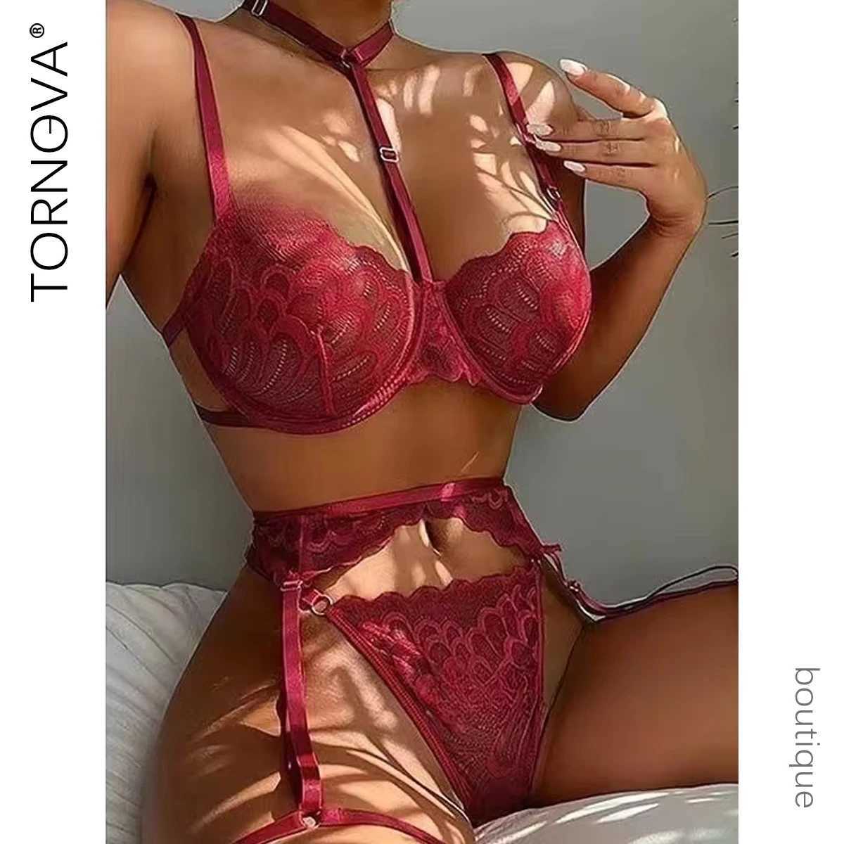 Sexy Interesting Underwear For Women Halter Bra Garter Belt Girdle Suit Solid Color Mesh See-Through Sexy Lingerie Set R250520
