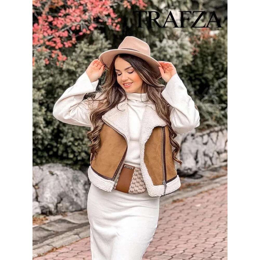 TRAFZA 2024 Winter Fashion Thickened Warm Zipper Jacket Imitation Leather Lamb Wool Patchwork Women's Slim Vest Y2k Designer