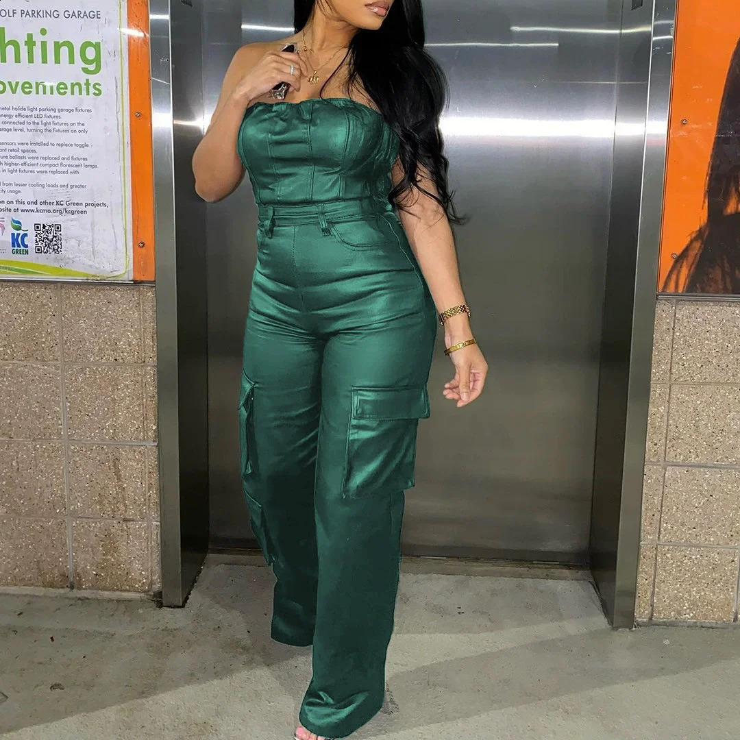 CM.YAYA Spring Strapless Sleeveless Sexy Off-Shoulder High Waist PU Leather Jumpsuit Party Club Rompers One Piece Outfits 250519