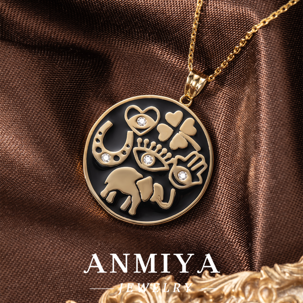 S925 Black Enamel Coin Pendant Necklace with Zircon Inlay, Blessing Pattern Jewelry, Gift Box Packaging