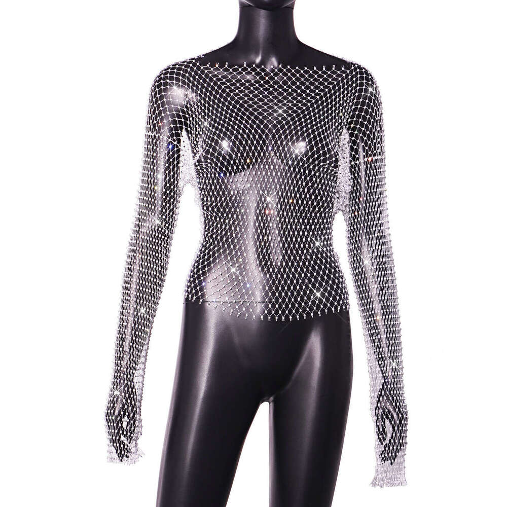 European American transparent sexy nightclub women's grid sparkling dia round neck long sleeved top 1122 2025 new style chic and elegant clothing