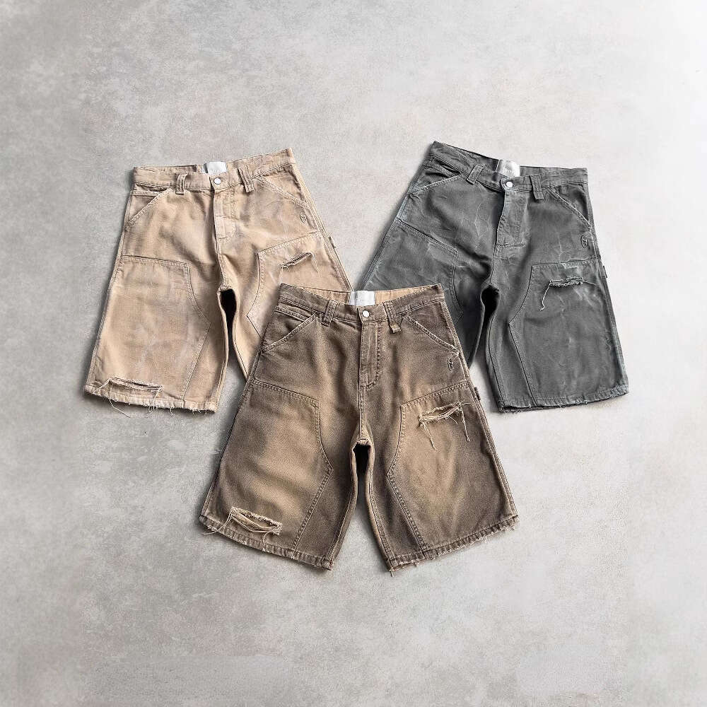 Summer hip-hop punk washed denim men y2k ripped loose shorts Harajuku Jorts