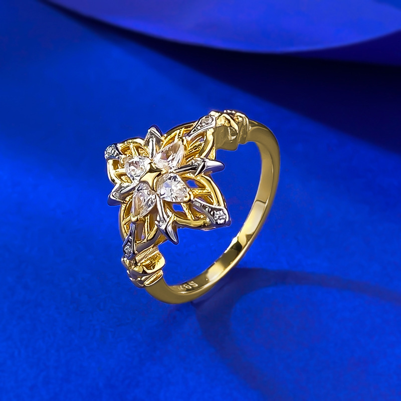 Vintage-Inspired S925 Sterling Silver Four-Leaf Clover Ring with Diamond Detailing - Elegant Two-Tone Design