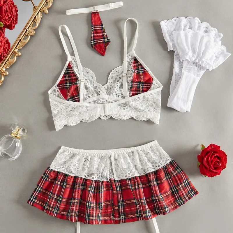 Sexy Lingerie Suit Women Plaid Suit Lace Hollow Lace Tie Role-playing Sexy College Uniform Mesh See-through Underwear R250520
