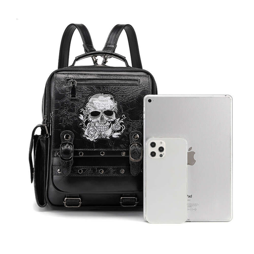 Gothic style large capacity women's backpack with skull embroidery, laptop bag, PU leather