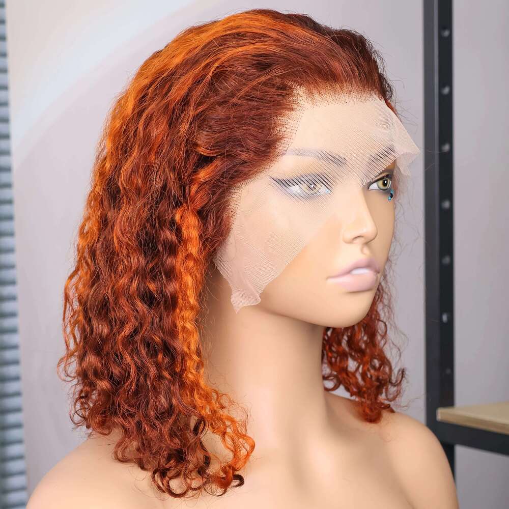 Ginger Orange Brown Colored Water Wave Bob Transparent 13x4 Lace Front Human Hair Wig For Women P4/350 Highlight Curly Wigs