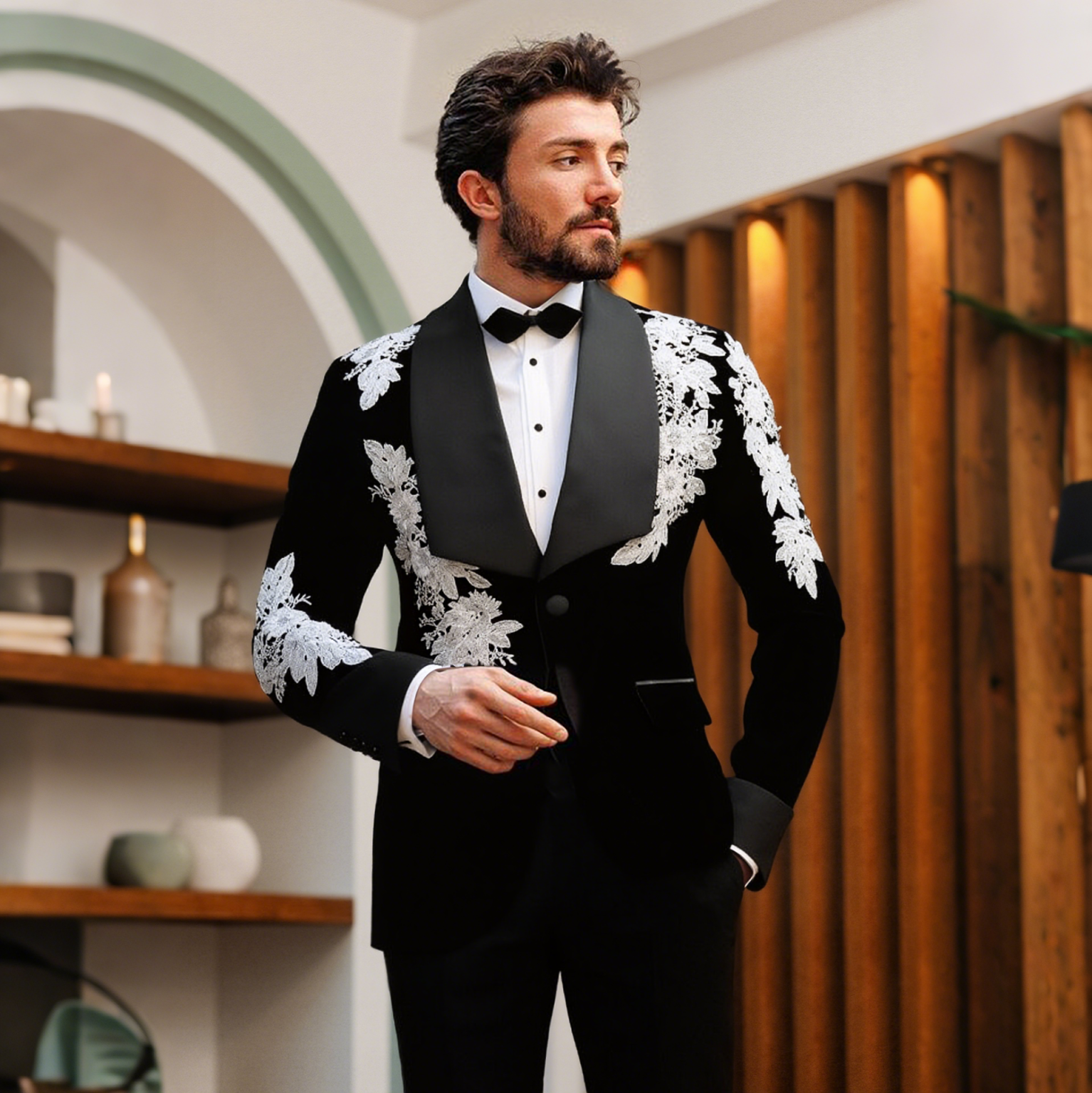 Vintage Men's Wedding Suit Tuxedo 2 Pieces Set Crystal Shawl Lapel Blazer Groom Coat Beading Evening Party Prom Custom Made Jacket Pants D0312