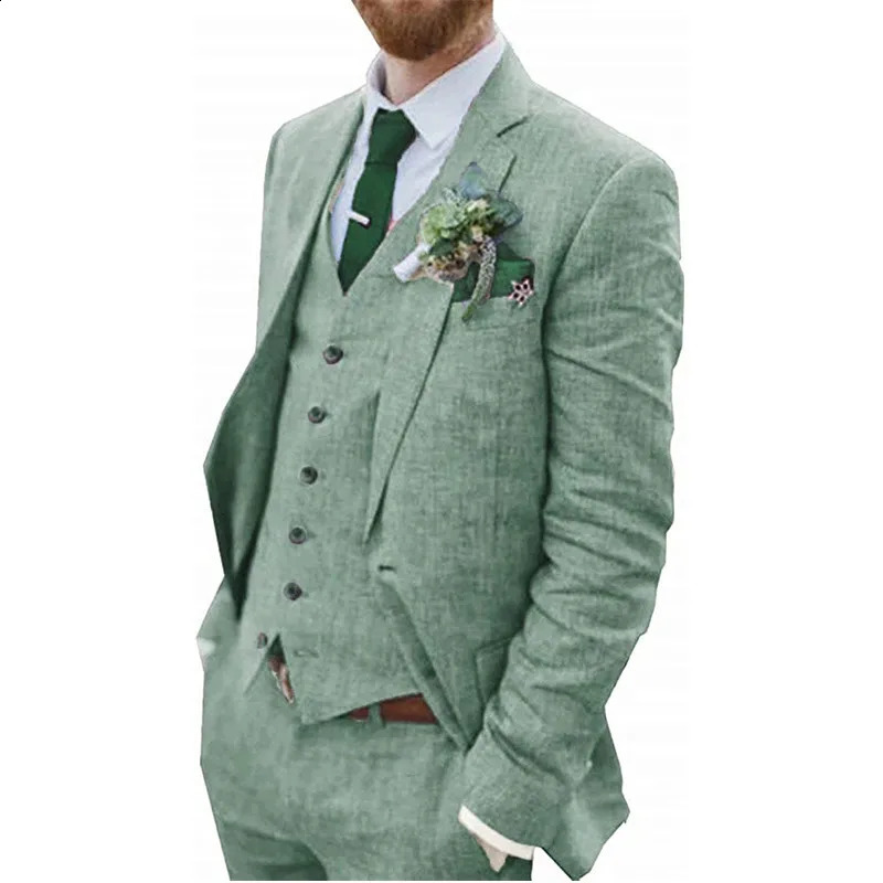 3 Piece Mens Retro Linen Men Suit Beach Wedding Suit Summer Slim Fit Linen Suit Groomsmen For Wedding Blazer Vest Pants 250519
