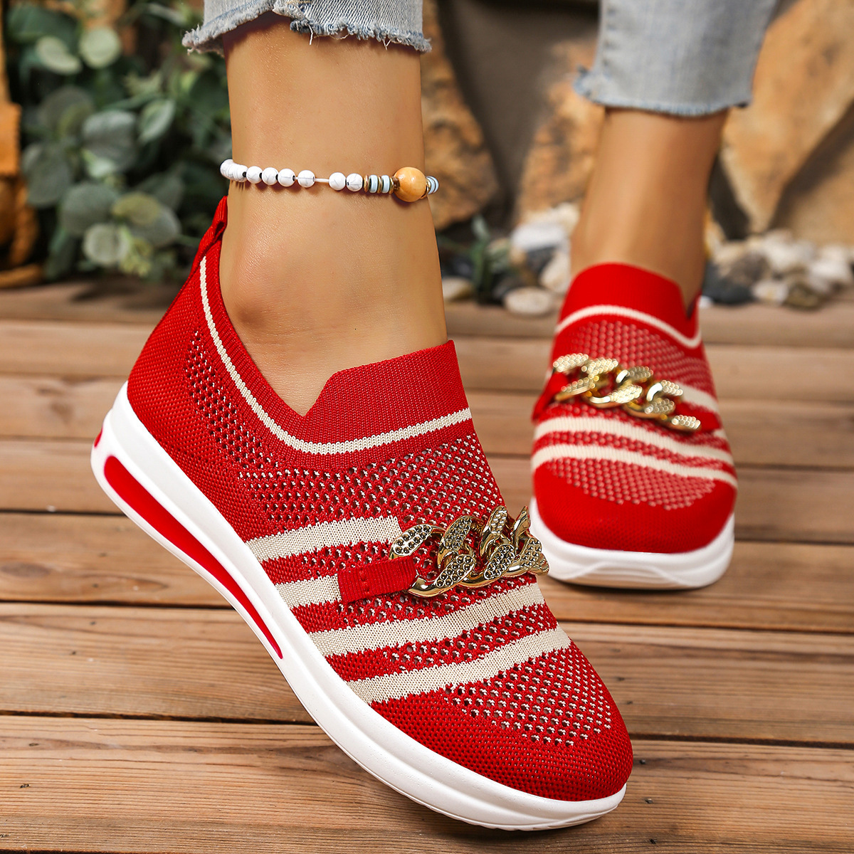 New Metal Chain Slope Heel Thick Bottom One Step Breathable Lightweight Mesh Large Casual Single Shoe For Casual Shoes Women Ddmysaturn
