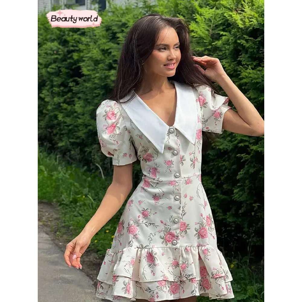 2025 Women Chic Floral Puff Sleeve Dresses Elegant Wrap Waist V Neck Summer Gowns Fashion Lady Lace Up Ruffled Casual Vestidos