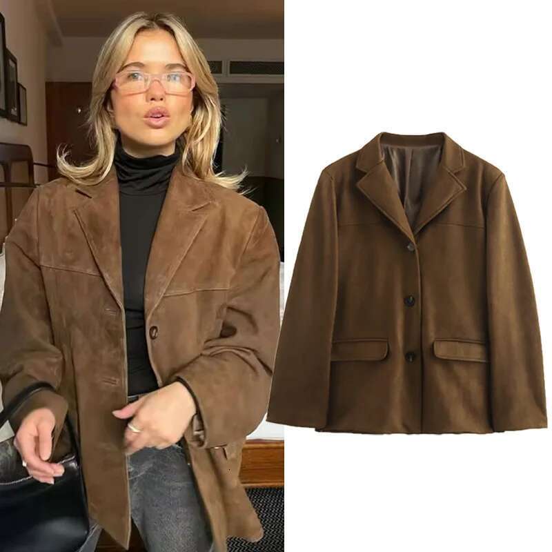 TRAF Women's Old money Jackets Brown Leather Suede Coat Vintage Demi-season Jacket Autumn Winter New in Outerwears