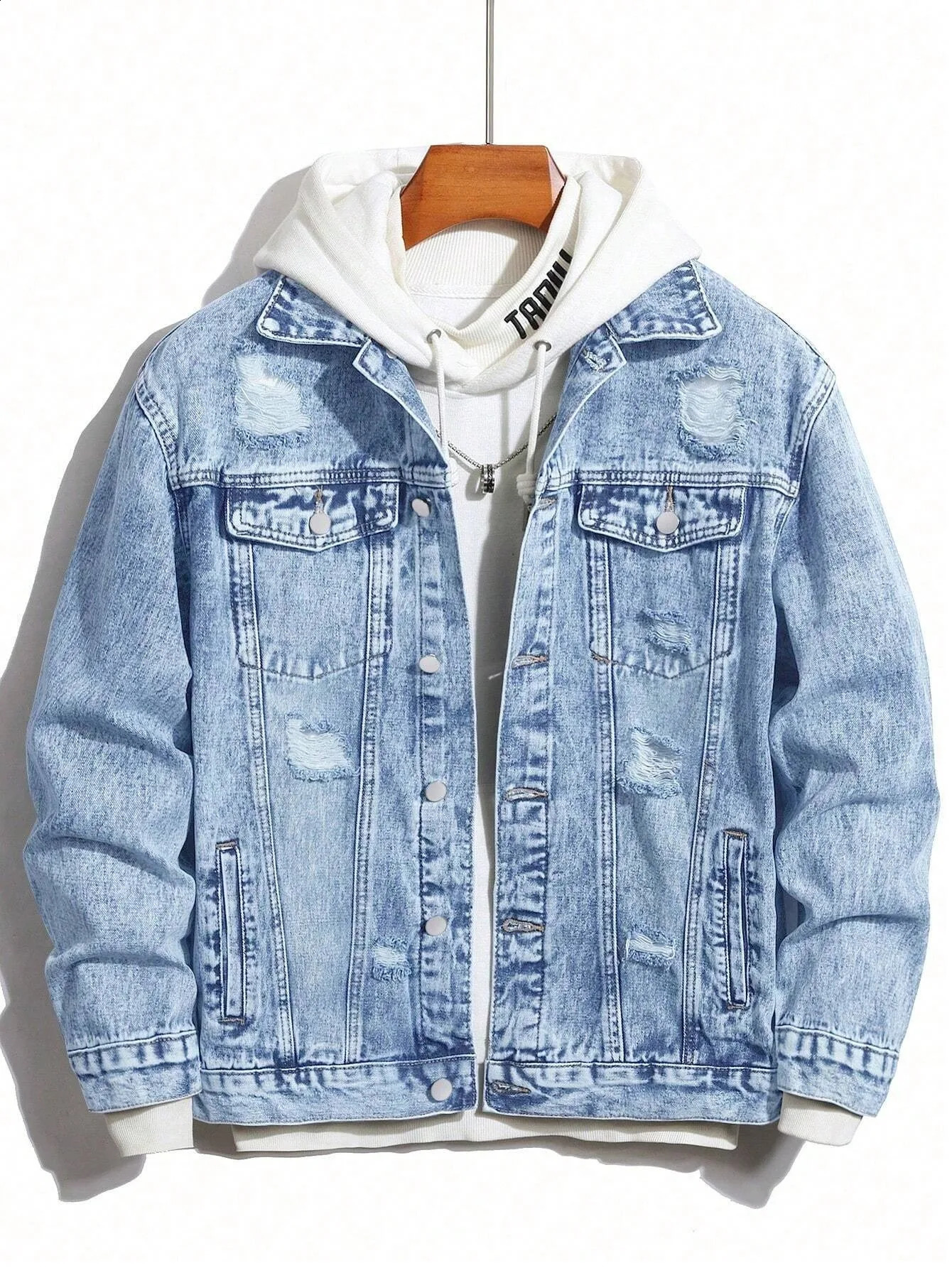 1PC Mens Four Seasons Style Letter Stone Washed Light Blue Flight Jacket Daily American Street Casual Denim 250516