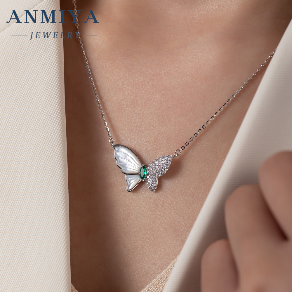 Butterfly Chain Crafted 925 Sterling Silver Necklace Fashion Green Zircon Jewelry Necklaces for Women