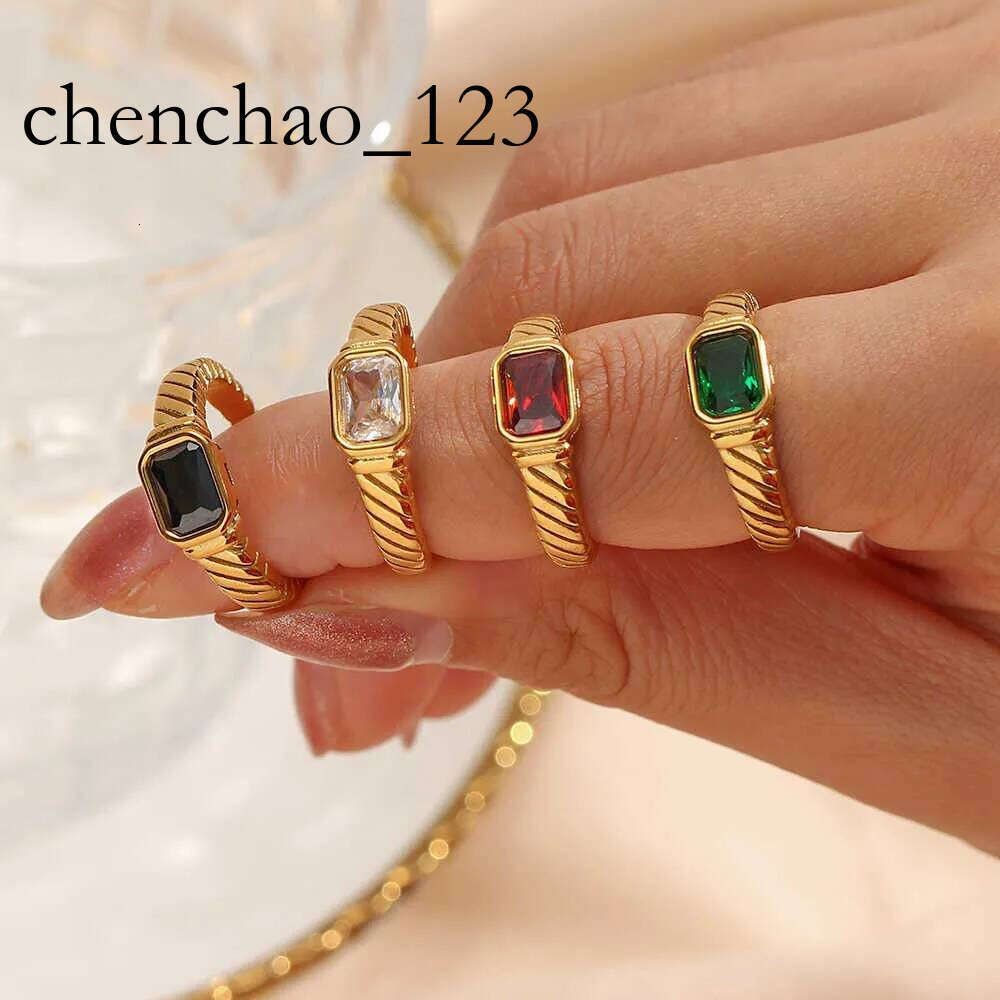 Rings 2021 New Thin Band Texture Engraved Small Square 3A Cubic Zirconia Stone Blk White Green Red Gemstone Ring J230517