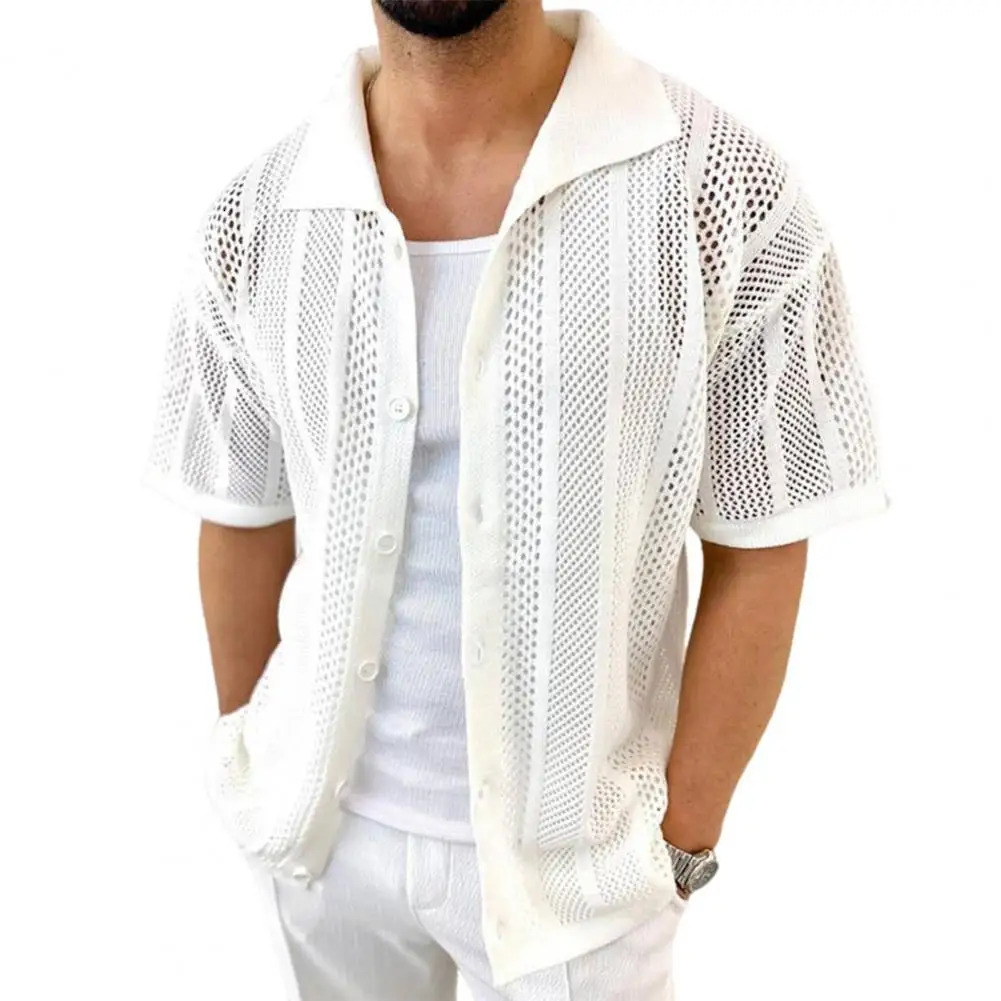 Summer Thin Knit Men s Shirt With Short Sleeves And Hollowed Out Cardigans European American Muscle Clothing Top 250520