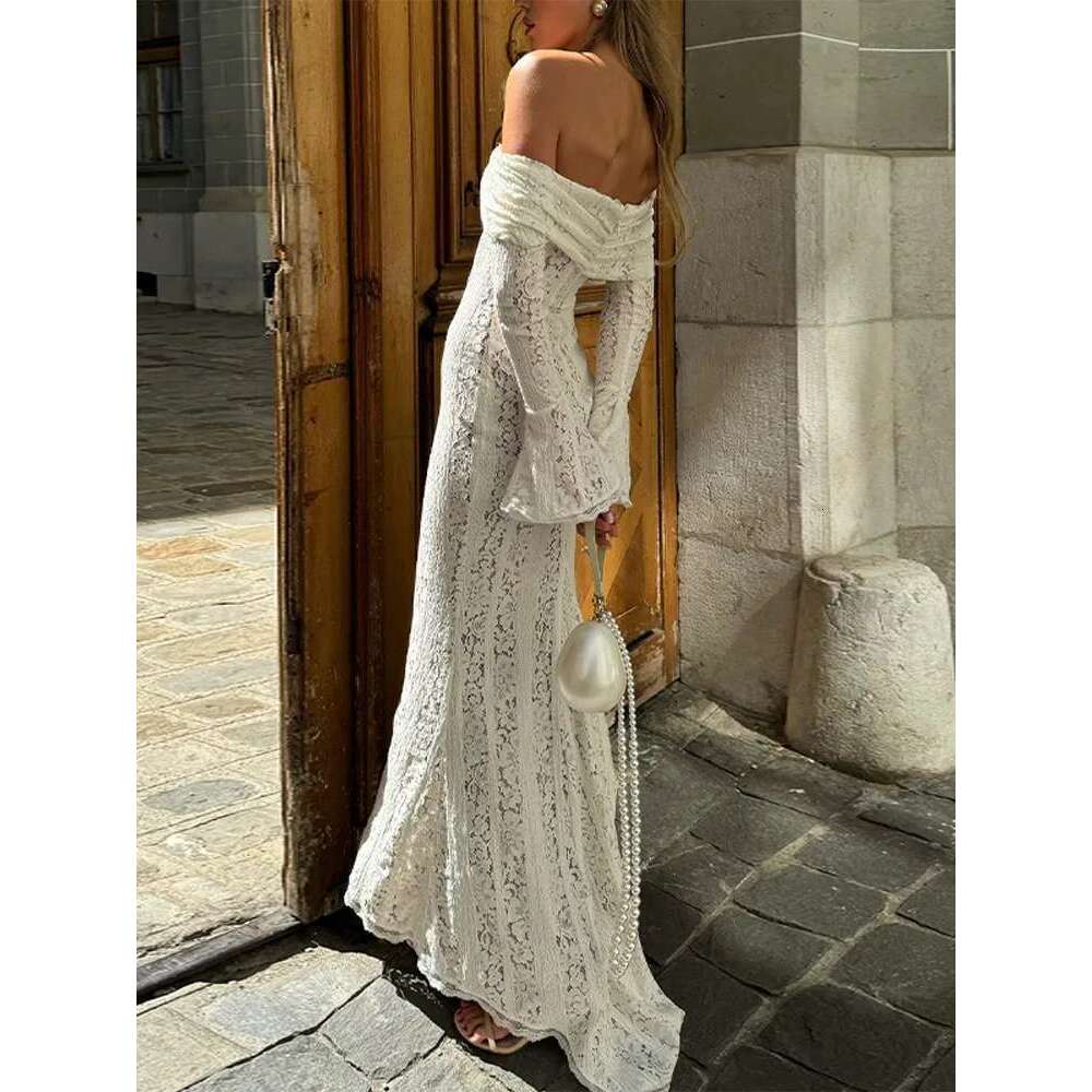White Off Shoulder Lace Up Flare Long Sleeve Slim Maxi Dress Women Hollow Out Mermaid Floor Length Vestidos Female Elegant Robe Designer