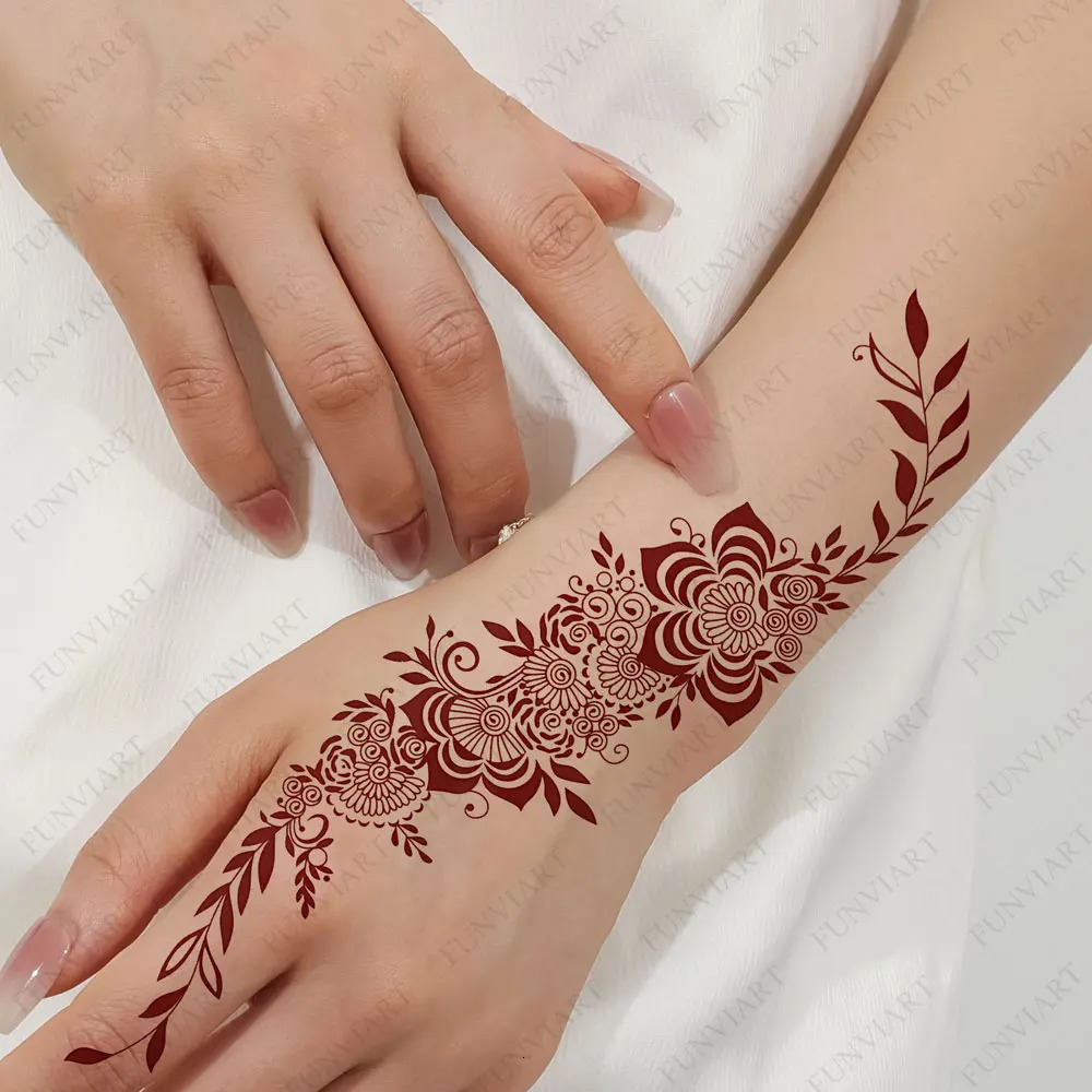 9 Sheets Temporary Henna Tattoos for Women Maroon Flower Leaf Henna Hand Tattoo Stickers Suitable for Wedding Festival Body Art 250515